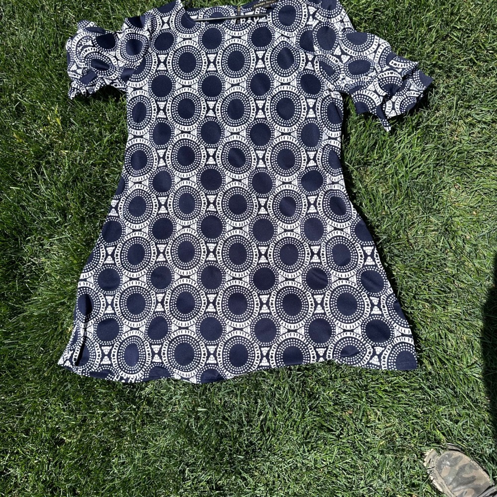 Always Indigo Womens 2X Navy White Geometric Circle Print Ruffle Sleeve Tunic